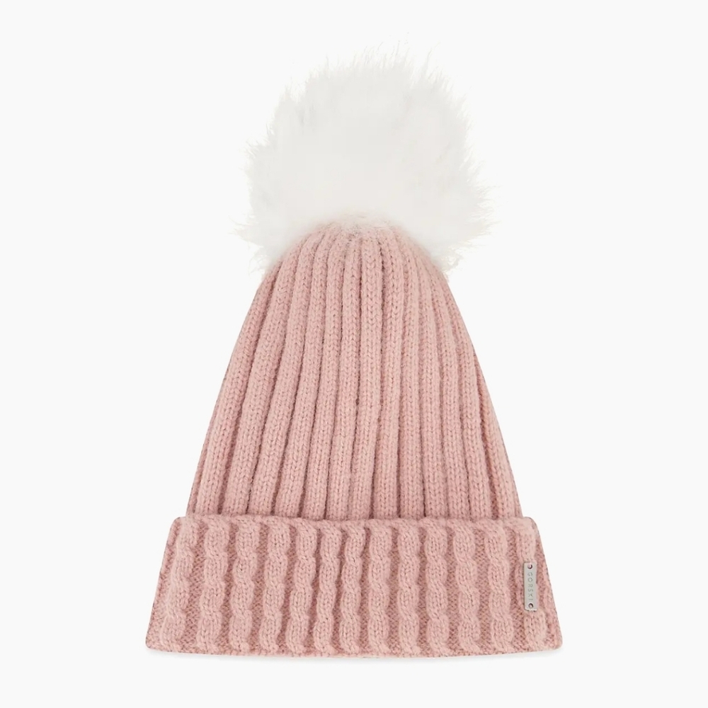 NWT GORSKI Pink Knit Beanie with Shearling White Pom Pom